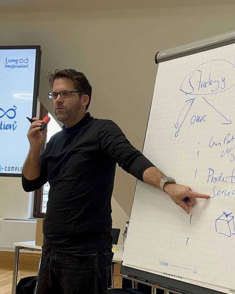 Mario A. Brückner erläutert am Flipchart Strategieelemente in einem Team-Workshop